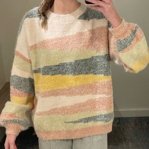 Altar'd State Fuzzy Striped Sweater - Cream, Pink, Green
